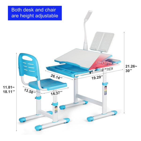 Kids Study Desk and Chair Set Height Adjustable, Ergonomic Children Study Table with Tilt Desktop, School Workstation Writing Functional Desk with