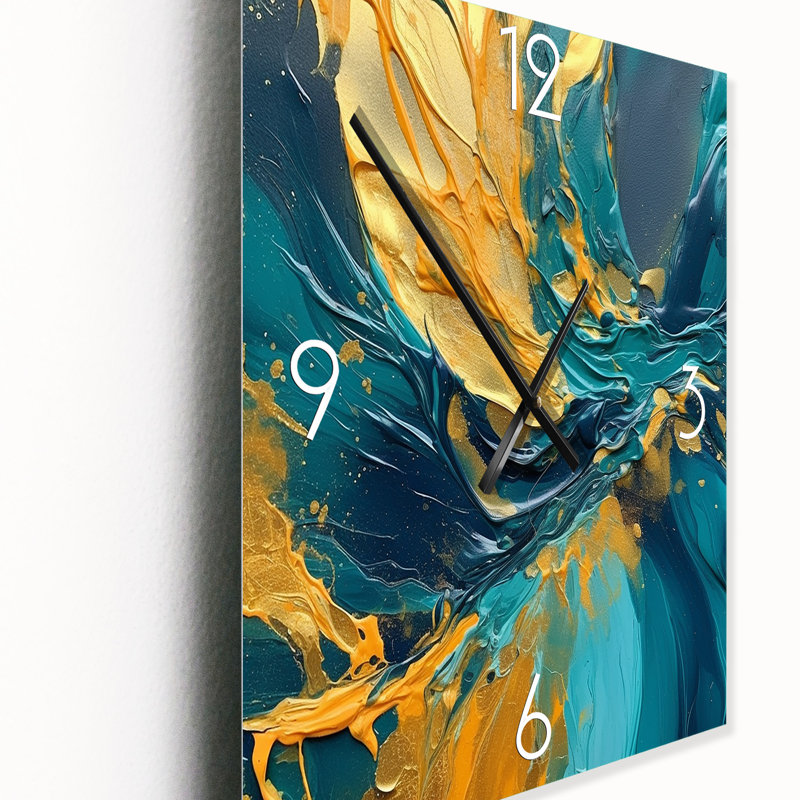 Golden Sunshine en bleu profond océan abstrait I - Peinture abstraite horloge murale surdimensionnée, Grand