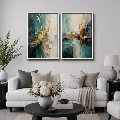 Green and Gold Abstract Artwork, Living Room Pictures, Framed Canvas Giclee Print 2 Pieces Wall Art