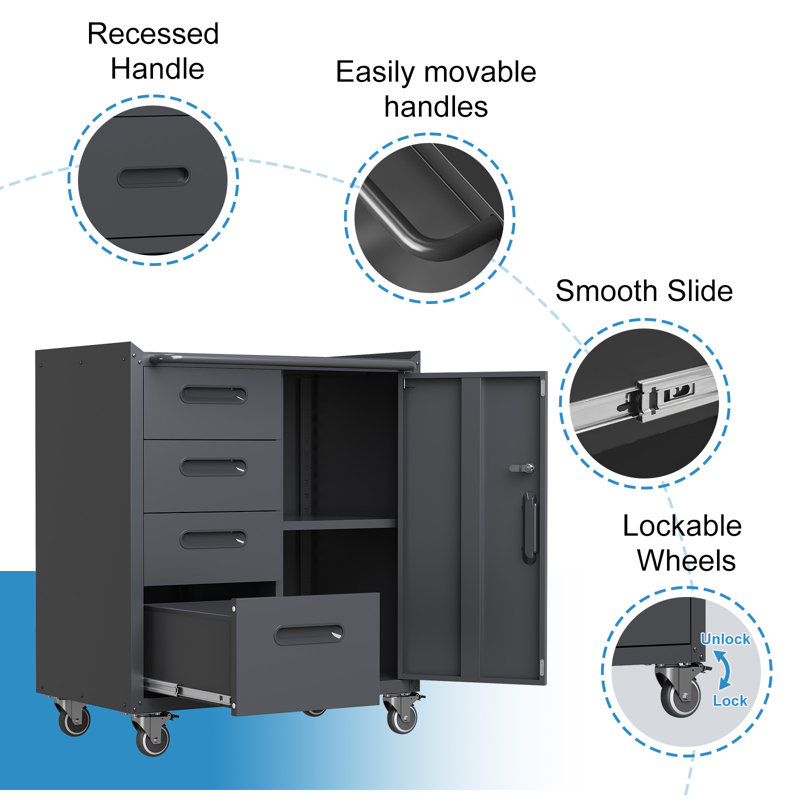 Makeace Heavy-Duty Mobile Tool Cabinet with 4 Drawers & Lockable Door, Full-Extension Ball Bearing Slide Rolling Garage Storage