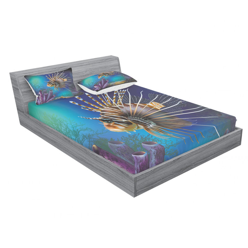 Ensemble de draps Underwater World Exotic Bubble Fish and Plants, Ensemble de draps pour lit double avec un drap-hou