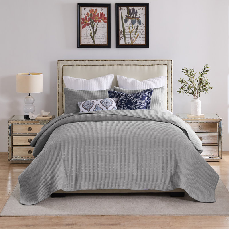 Greenland Home Fashions Cosmo 3-Piece King Size Gray Coverlet Set, 105x95 Inch, King Quilt + 2 King Shams, Cosmo Gray