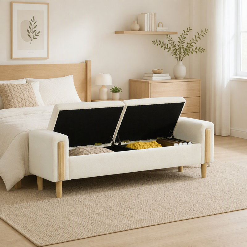 Banc de rangement moderne rembourré de 167 cm de large avec double couvercle, repose-pieds en tissu chenille avec accoudoirs