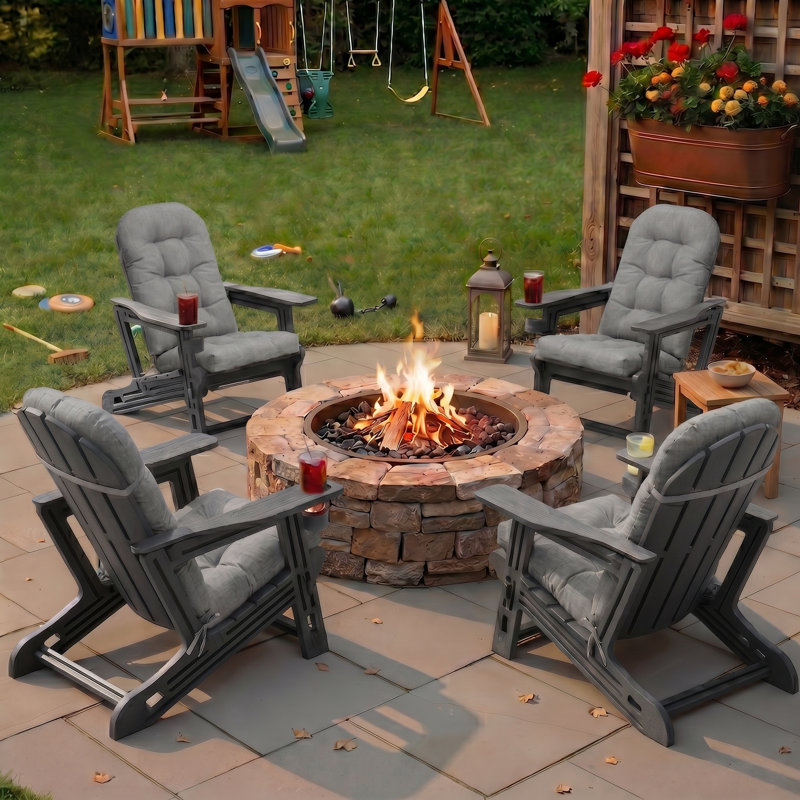 Outdoor HDPE Adirondack Chair Set With Removable Cushions And Cup Holder(Set of 4), Light Gray
