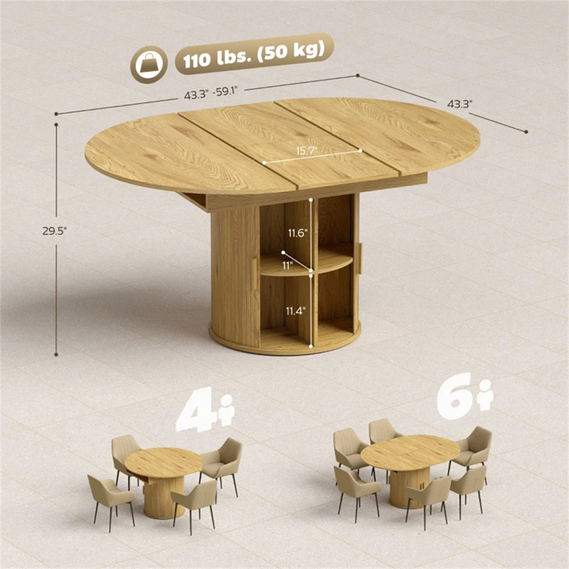 Table de rangement avec rangement, table de salle à manger extensible, Naturel