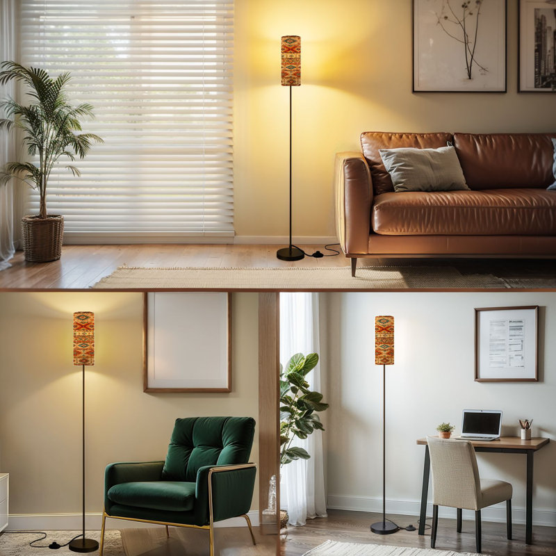  68.5" Standing Floor Lamp Native american indian ornament geometric ethnic textile tribal aztec Dimmable Metal Pole Lamp with Linen Lampshade LED Bulb Included