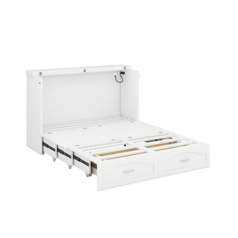 Grand lit escamotable mural avec deux tiroirs, commode escamotable en bois, Blanc