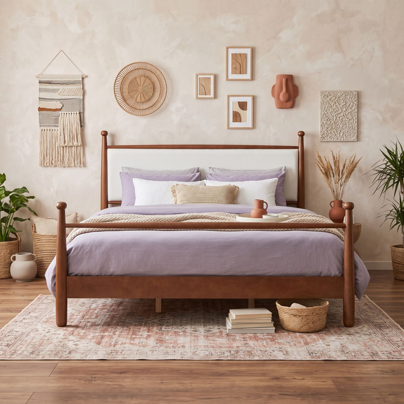Cadre de lit plateforme en bois avec tête de lit rembourrée et pieds centraux, King