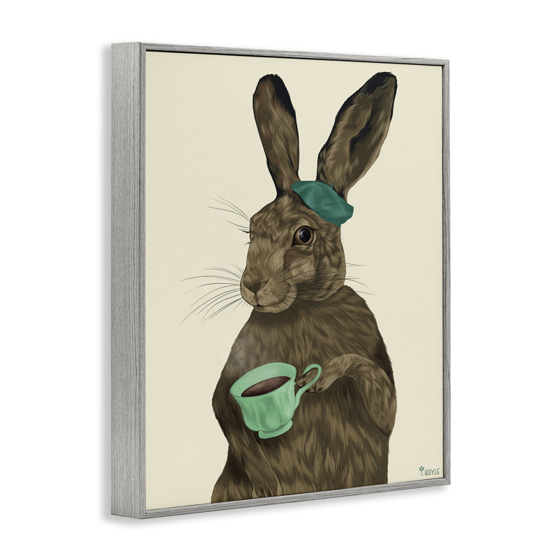 «Rabbit & Green Teacup», art de la giclée encadrée par Tara Royle, H 14 po x l 11 po, Estampe numérique Farmhouse