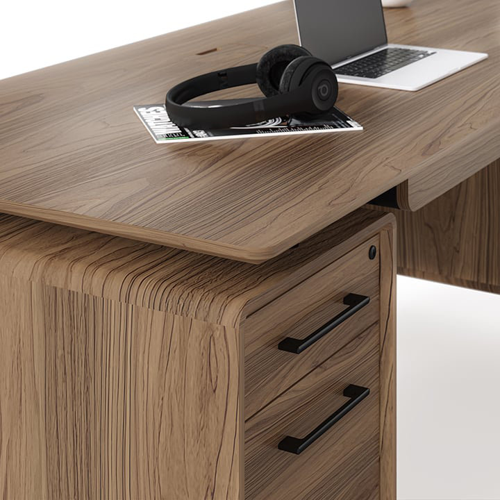 Natural Walnut Executive Desk with Filing Cabinet and Power Outlet