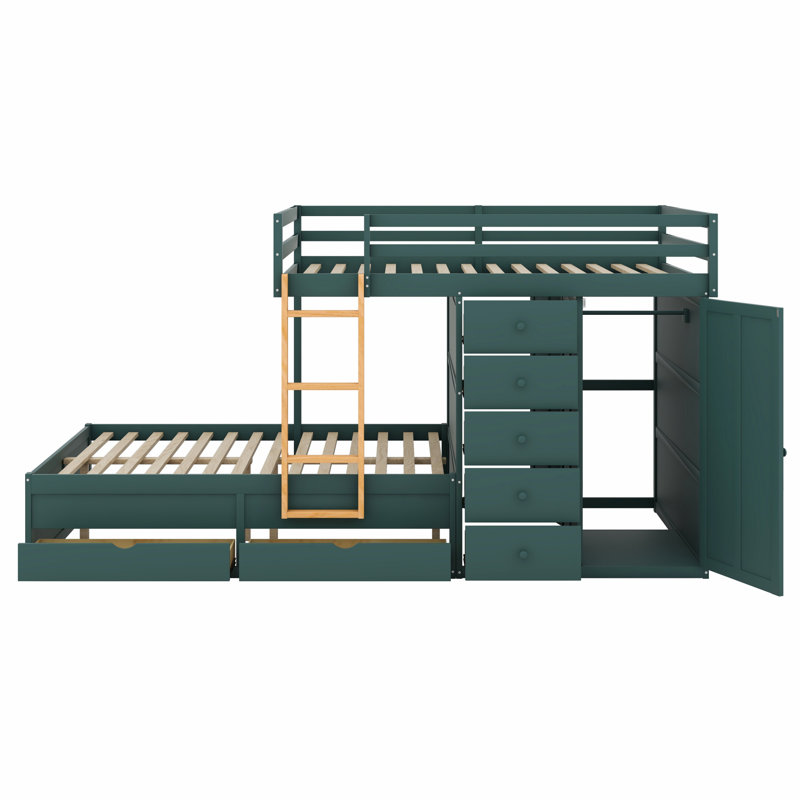Bunk Bed With 2 Large Drawers 5 Small Drawers And Built-In Small Wardrobe, Morandi Green