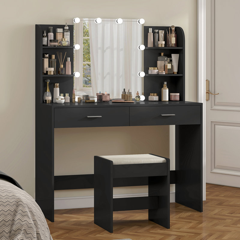 Ensemble de coiffeuse Engelsman avec 10 ampoules DEL, 2 tiroirs, 6 tablettes de rangement et un tabouret rembourré, Noir