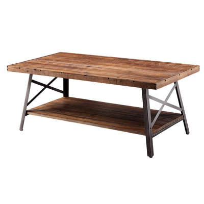 Weathered Oak Pine Veneer Rectangular Storage Coffee Table With Rustic Charm, Open Compartment And Metal "x" Accents For A Look, 19.5h X 48.5w 24.5d S
