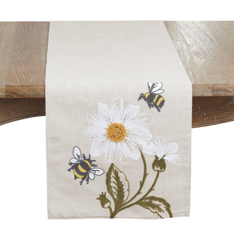 Bee Floral Linen Blend Table Runner – Decorative Botanical Accent for Dining Tables, Consoles & Buffets, 16"x70"