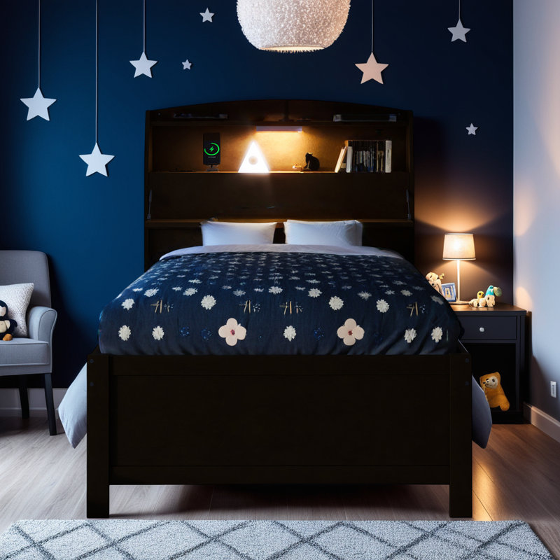 Lit plateforme avec rangement en bois FAlano avec tête de lit à DEL, ports de chargement USB, lit gigogne et tiroirs, Noir