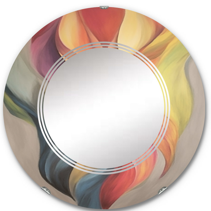 Rétro feuilles colorées rétro sur fond gris III - miroir mural moderne rond, 24 po x 24 po