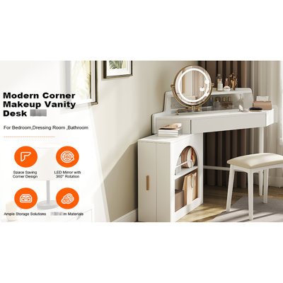 Meuble-lavabo de coin avec miroir HD rond rotatif à 360 °, commande d'éclairage tricolore et armoire latérale mobile avec lumières à DEL rotatives peu encombrantes, tablette de présentation pour accessoires