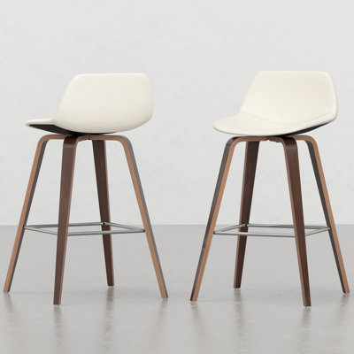 Tabourets de style Mid-Century moderne (2) - Siège et dossier crème avec placage brun Repose-pieds Ajout de salon Tabouret de bar