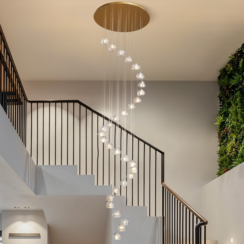 Lustre en cristal doré à 30 niveaux pour escaliers de salon Feinstein, H 2 po x l 27,6 po x P 27,6 po, Doré, 30 lumières