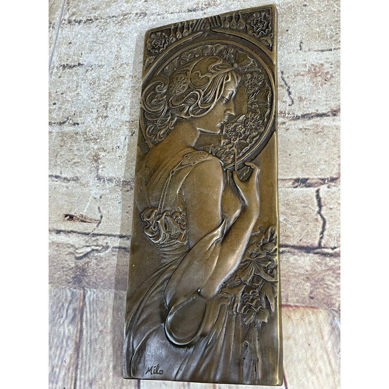 Archibold Art Noveau Female Woman Portrait Bas Relief Bronze Sculpture Carving Hanging Art 9.5 Inches X 4 Inches