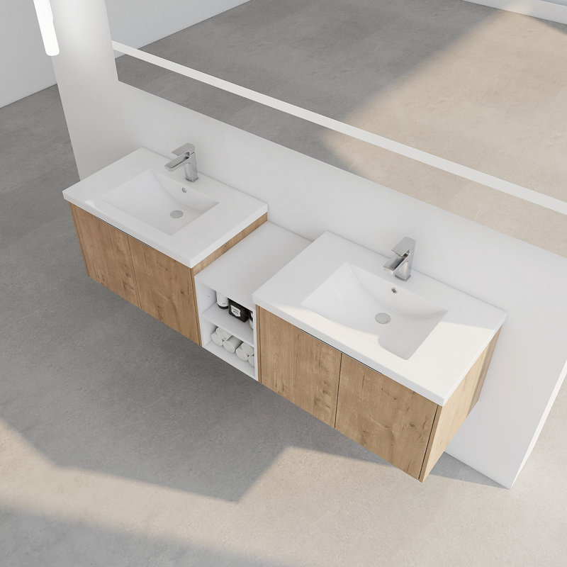 Meuble-lavabo 72 po à fermeture en douceur avec lavabo, Imitation chêne, 71"