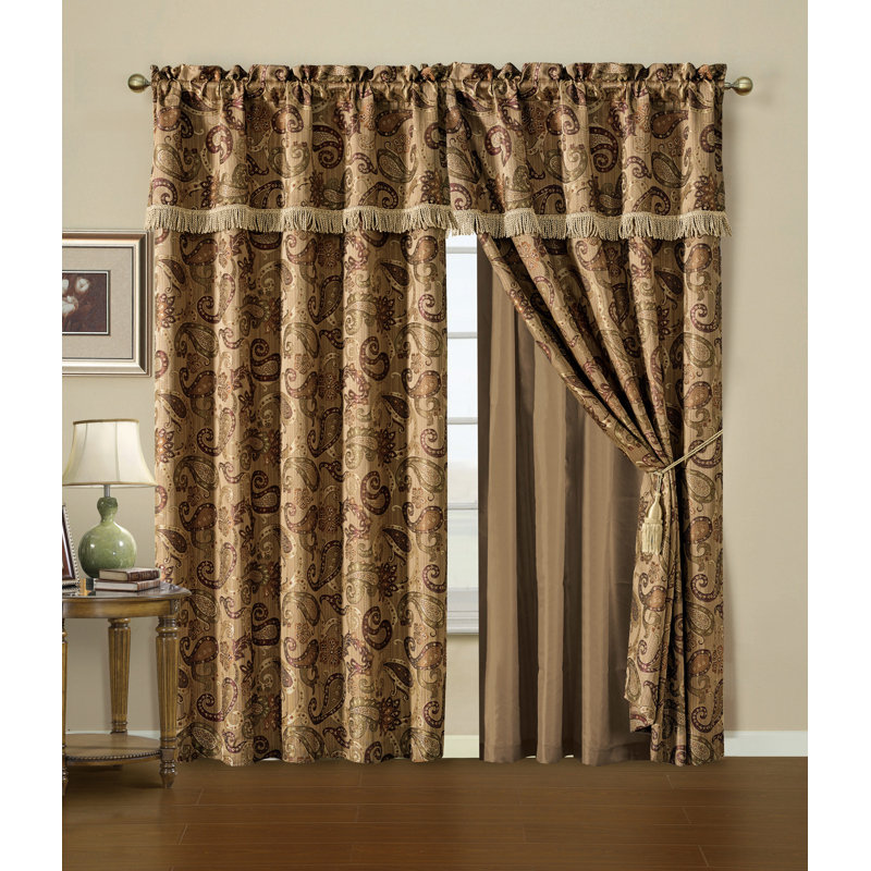 Adelle Room Darkening Paisley Jacquard Window Curtain Set , Brown
