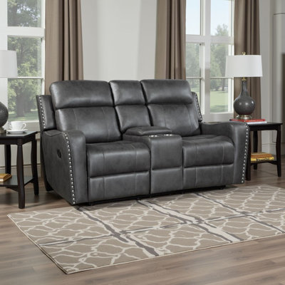 Ikher 72" Modern & Contemporary Polished Microfiber Power Recliner with USB Charging, Center Console Storage, Cup Holders, and Nailhead Trim. by Lark Manor