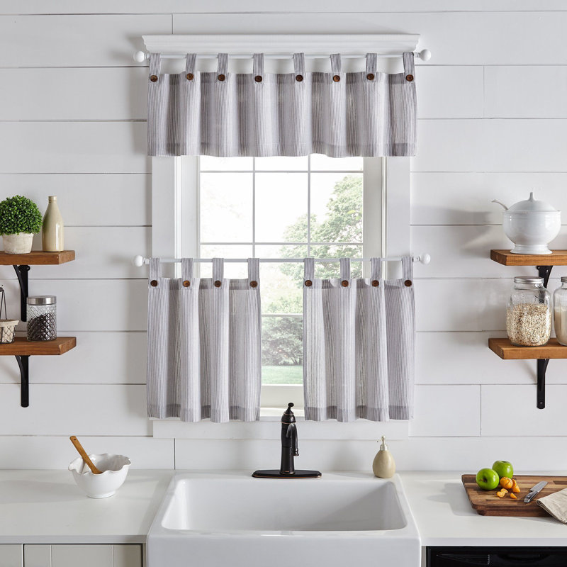 Gray Striped Cotton Tab Top Window Valance with Wooden Buttons