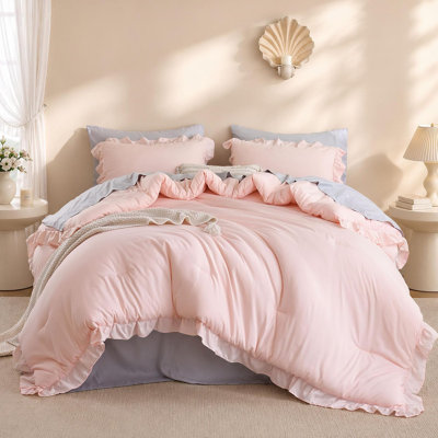 Microfiber Bed Set with 2 Pillow Shams, Ruffle Design, Lightweight & Breathable Bedding Set, Machine Washable
