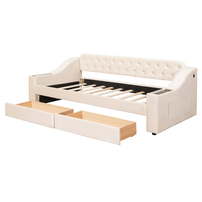 Lit de jour simple avec rangement pour port et accoudoirs beige, Beige
