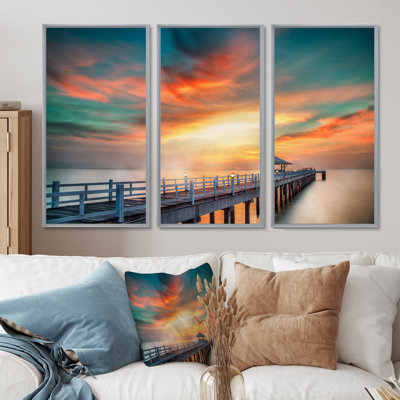 «Fascinating Sky and Wooden Bridge», reproduction de cadre flottant sur toile 3 pièces