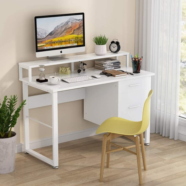 Computer Desk with 3 Drawers, 1 Door and 1 Storage Shelf, Office Desk with Drawers Latitude Run Color: White