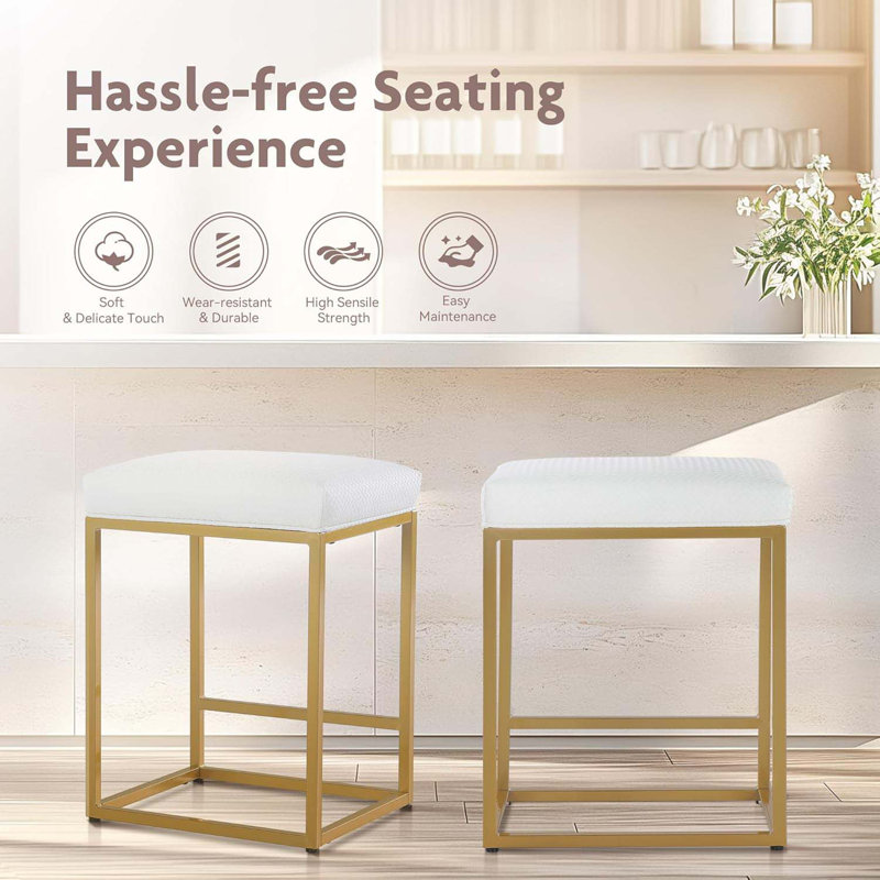 24 Inch Counter Height Bar Stools, Upholstered Bar Stools For Kitchen Island, Counter Stools With Faux Leather Cushion And Sturdy Metal Frame, Modern Barstools, White And Gold