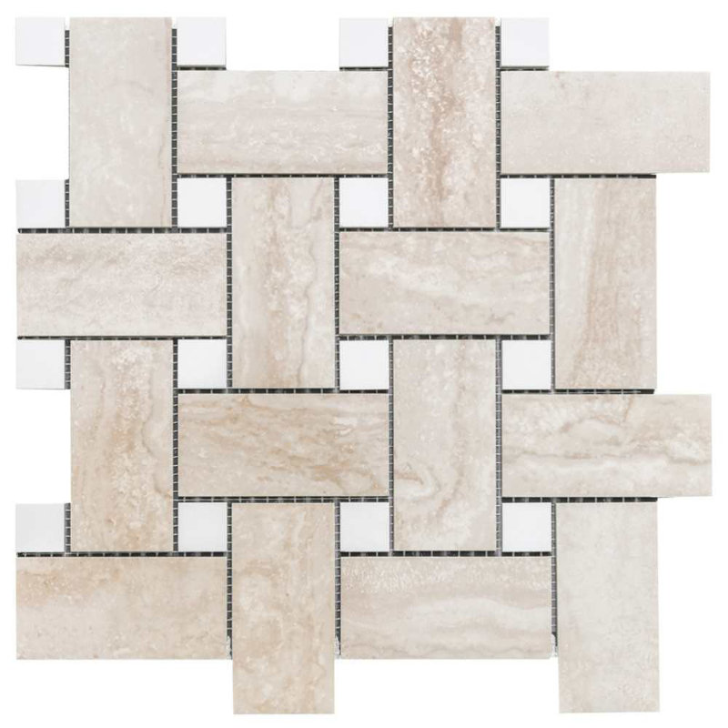 Stately Basketweave 13" x 13" Porcelain Brick Joint Wall & Floor Tile, Travertine Beige