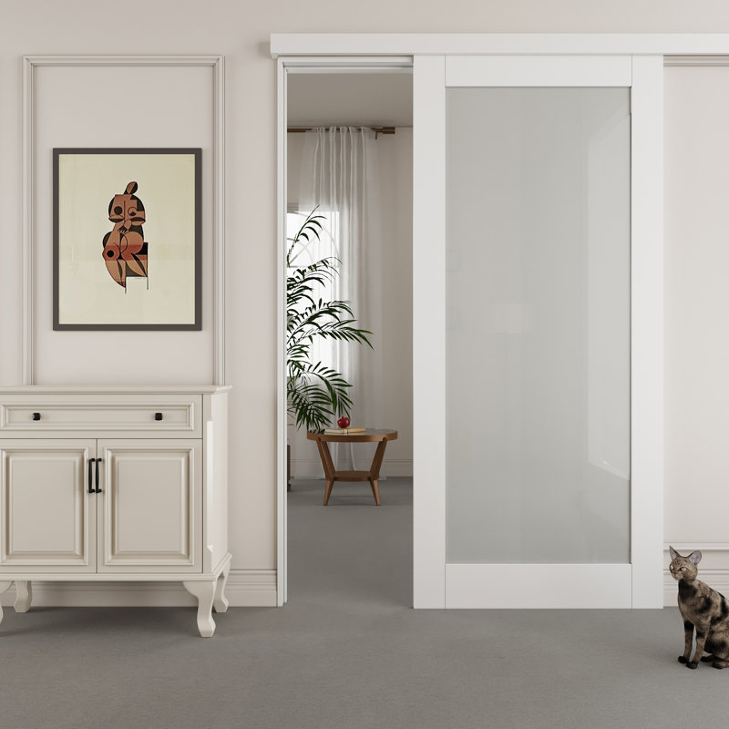 80" Hidden Style Track White Primed 1-Lite Frosted Glass Sliding Barn Door With Hardware Kit（No Assembly Required）, 36" x 80"