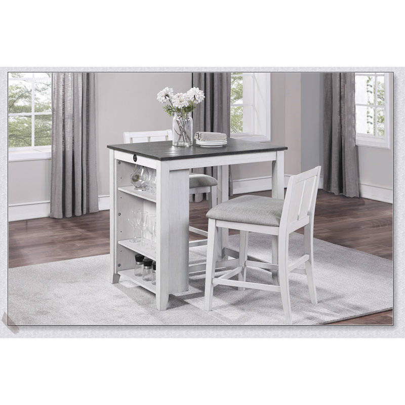Ensemble 3 pièces à hauteur de comptoir avec étalage, ports USB et chaises rembourrées en tissu de style transitionnel blanc et gris