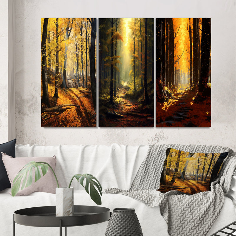«Chaleureuse lumière du soleil d'automne qui brille dans la forêt», 3 pièces, Toile tendue, H 36 po x l 28 po