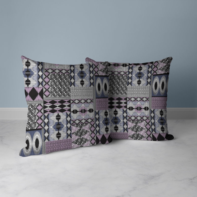 Eclectic Patchwork Blue and Purple Faux Suede Throw Pillow