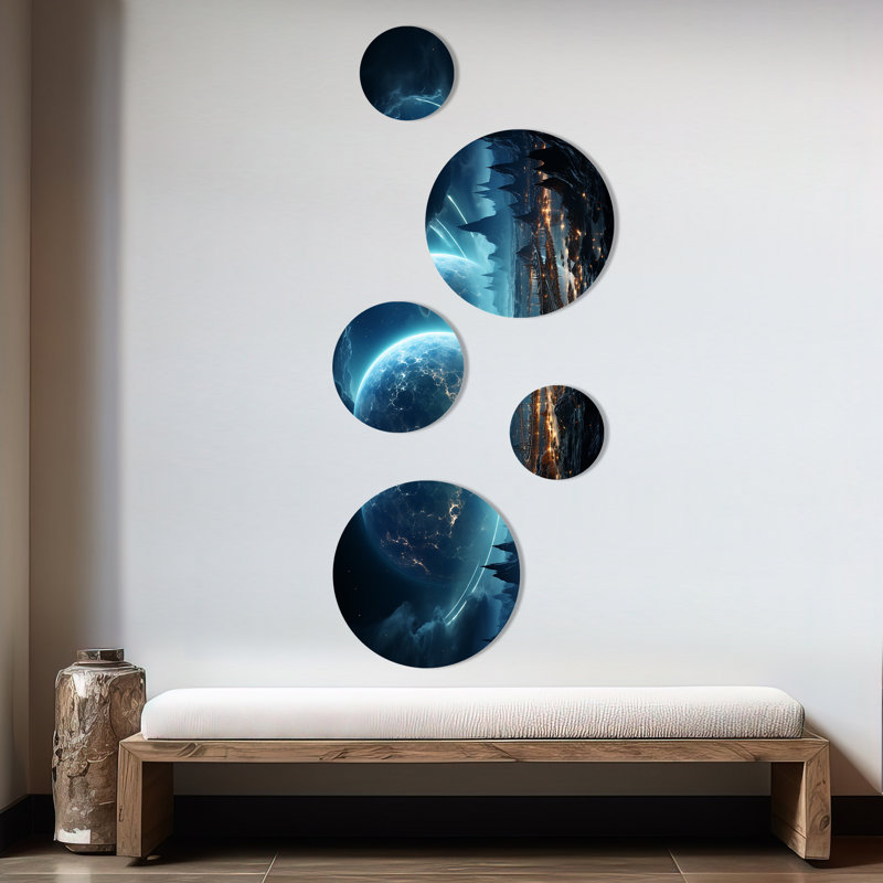 «White and Blue Cosmic Space Landscape I», ensemble d'art mural rond 5 pièces