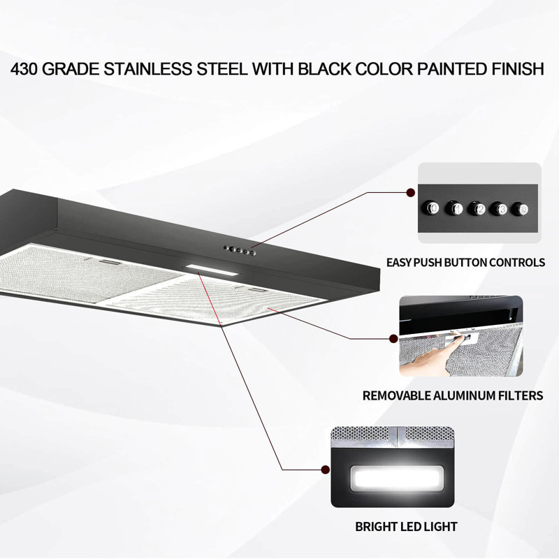 SNDOAS 30" Stainless Steel 250 CFM Convertible Under Cabinet Range Hood, Black