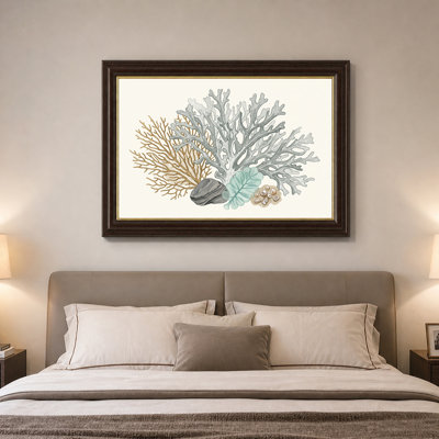 Gray And Gold Coral With Blue Seaweed And Pearls Canvas Wall Art