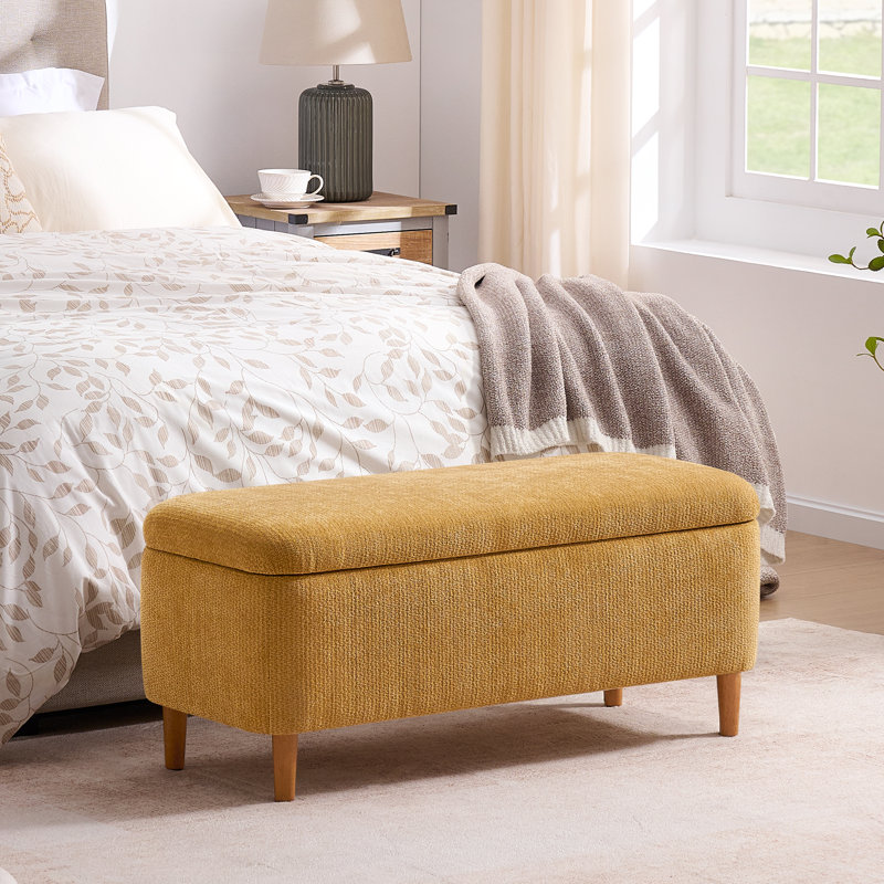 Polyester Upholstered Storage Bench, Golden Yellow