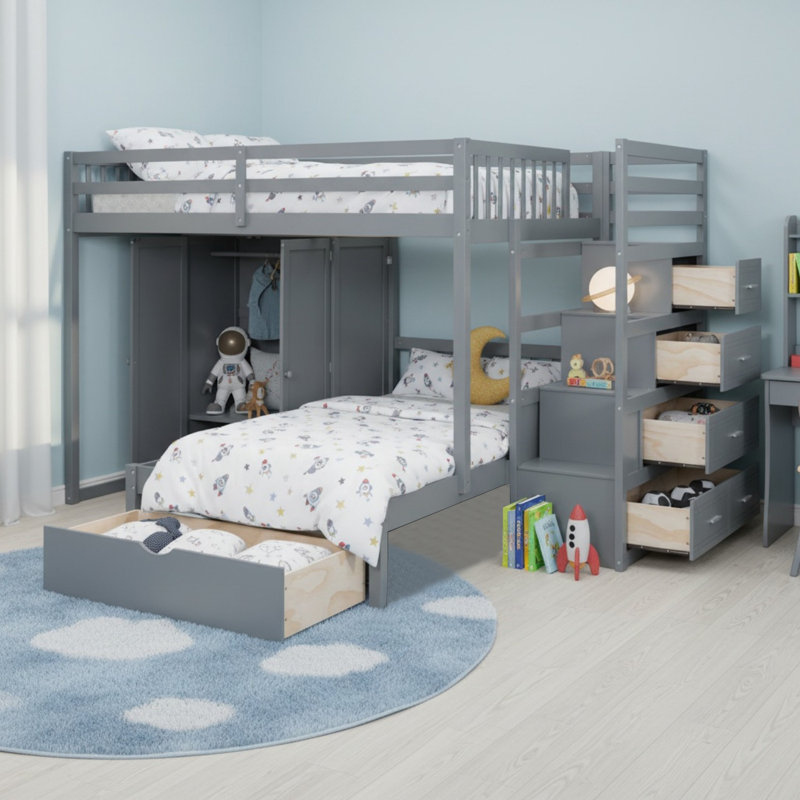 Lit superposé double en bois massif avec garde-robe et tiroirs, Gris