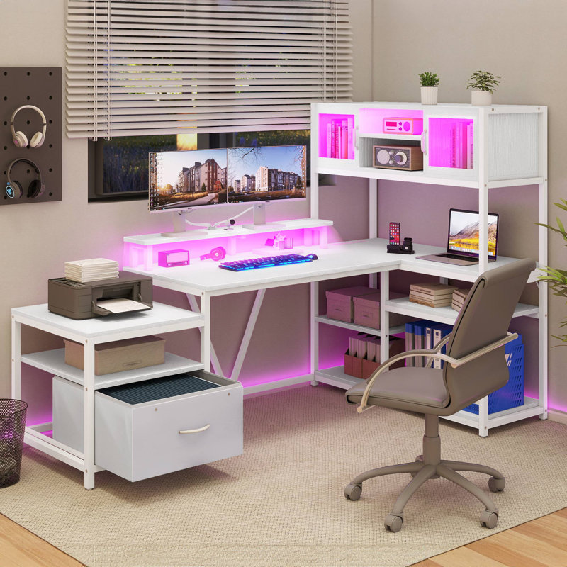 78.7'' Reversible L Shaped Desk with Power Outlets, LED Lights & Drawer Bookshelf, White