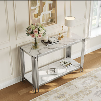 47" Glass Console Table, White Marble-Pattern Tempered Glass Top, Sofa Table With 2-Tier Storage, Stainless Steel Frame