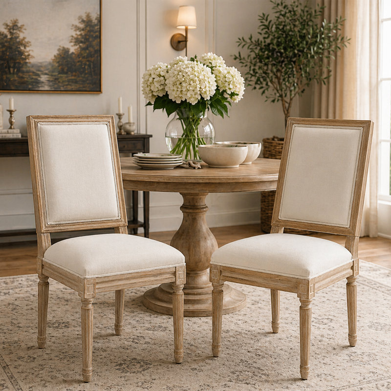 French Country Dining Chairs - Mid-Century Modern Upholstered Wood Linen with Rectangular Back, Beige, Brown, 2
