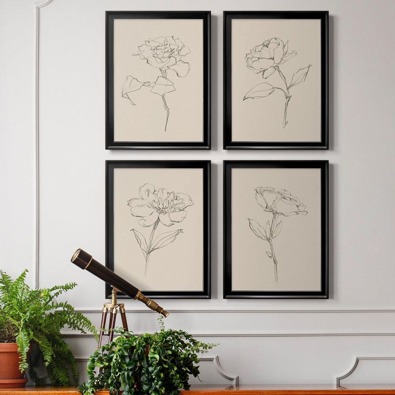 Floral Contour Study I - Ensemble de 4 reproductions d'art sur toile, H 24,5 po x l 74 po x P 1 po, Cadre noir