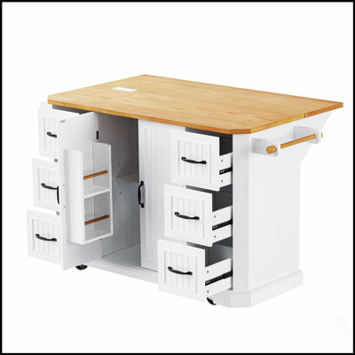 56 Inch Kitchen Island with Drop Leaf, Power Outlet, and Ample Storage, Perfect for Modern and Rustic Kitchens.