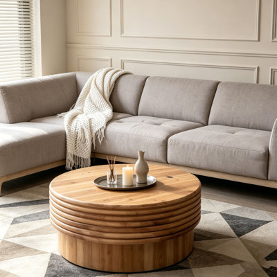 Round Wooden Coffee Table with Hidden Storage