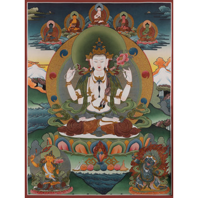 «Avalokiteœvara Kharcheri - Compassion à 1 000 bras» peint à la main | Toile de coton H 39,4 po x l 29,5 po, rehaussée d'une véritable feuille d'or 24 carats